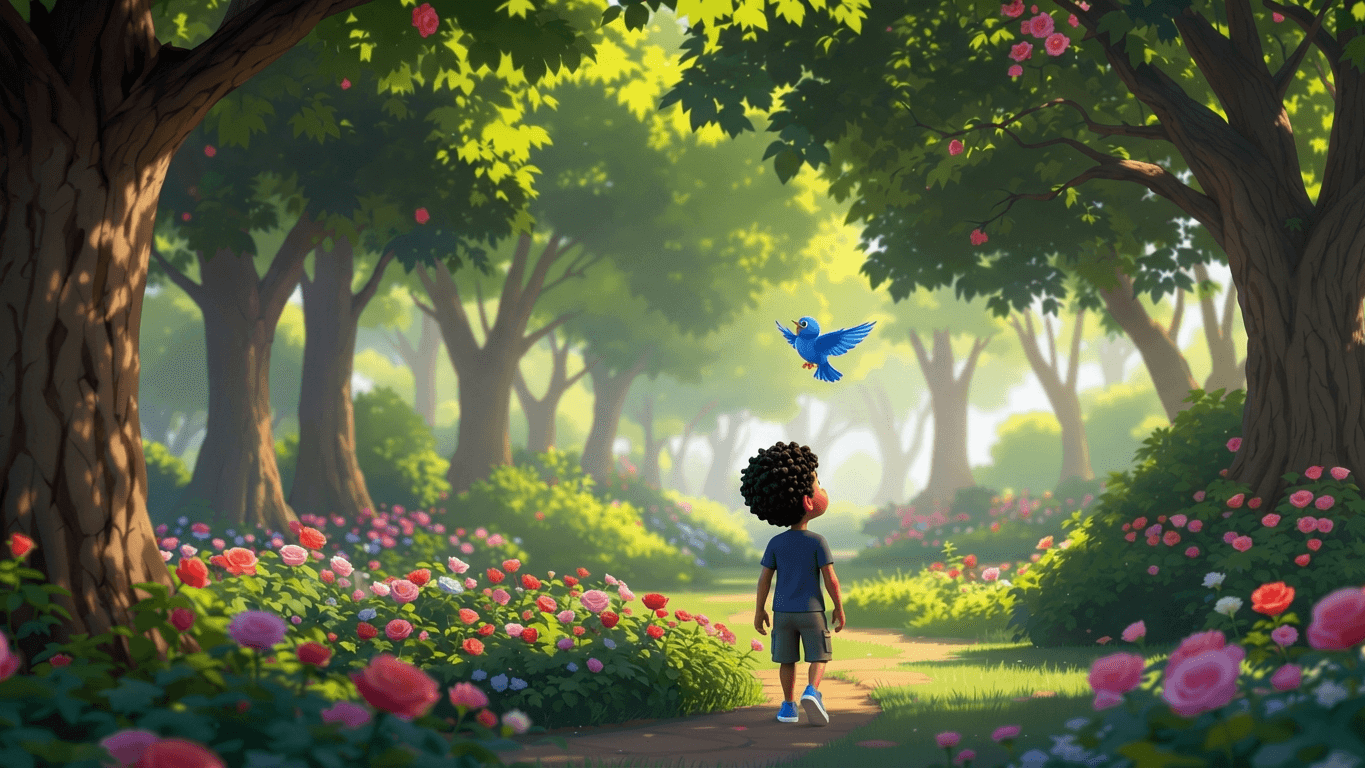 A child walking through a magical forest